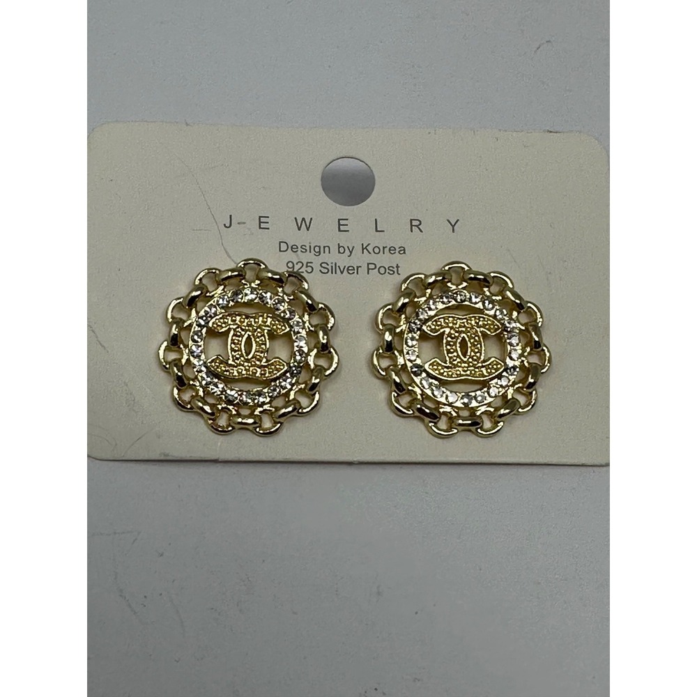 Gold Tone Sterling Silver Post Earrings Rhinestone Costume Jewelry D9